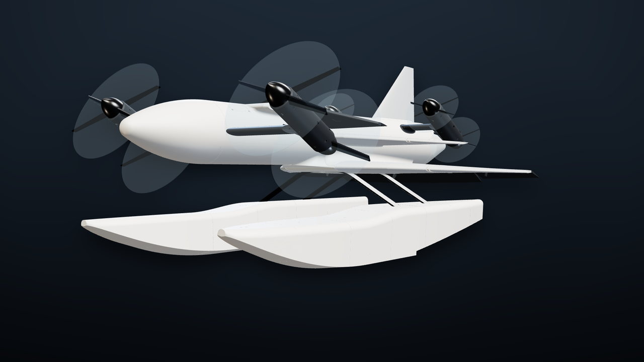 Drako on twin floats, pods tilted for a water take-off