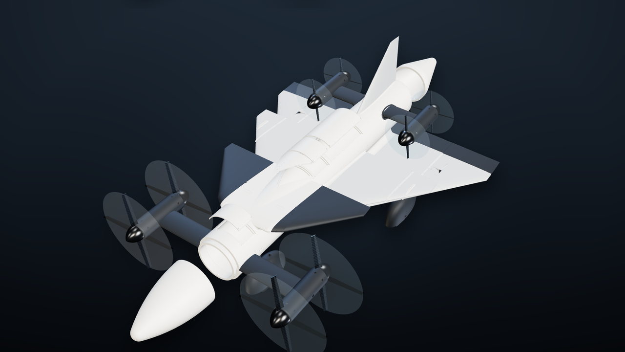 Drako from above with the top service bay lids open and the nose and tail cones pulled off