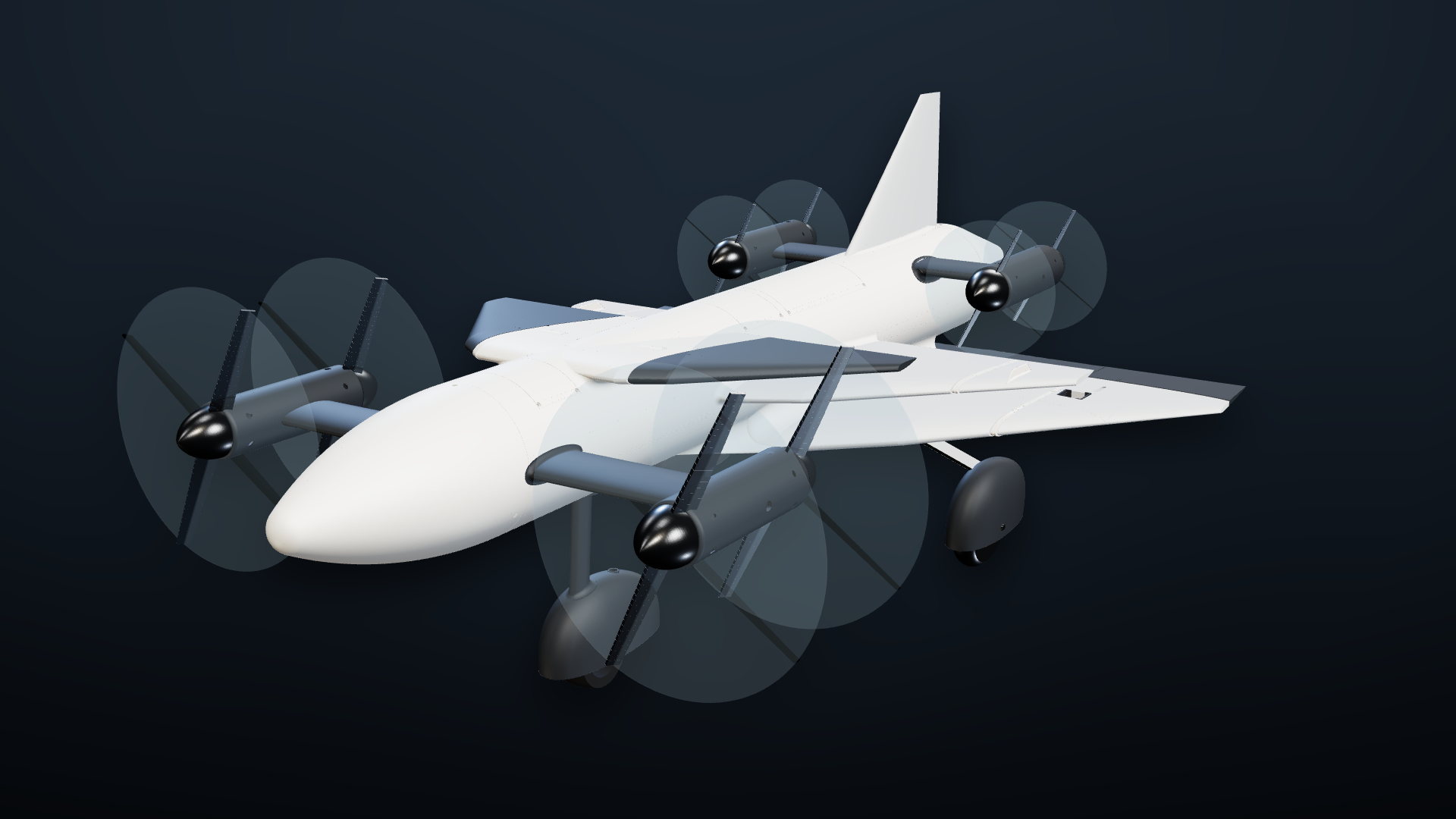 Drako from the front quarter above, in flight configuration with the pods running