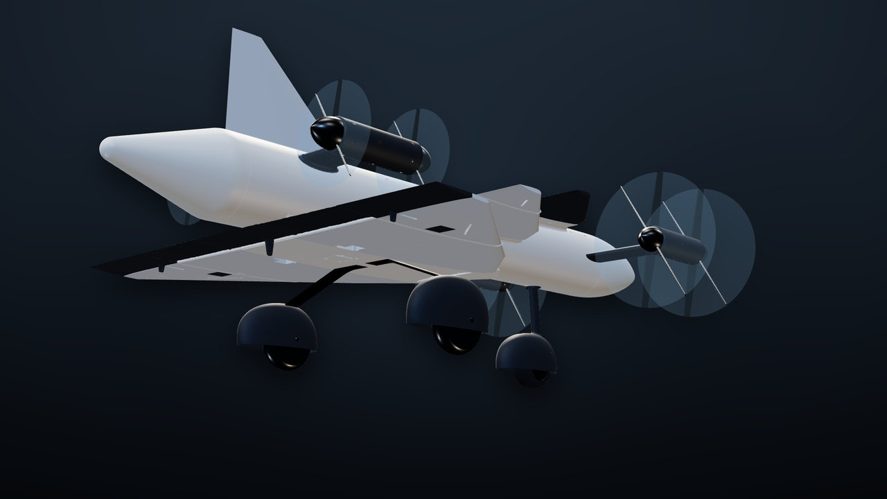 Drako seen from below and behind, showing the delta wing, the flap and the rear pods
