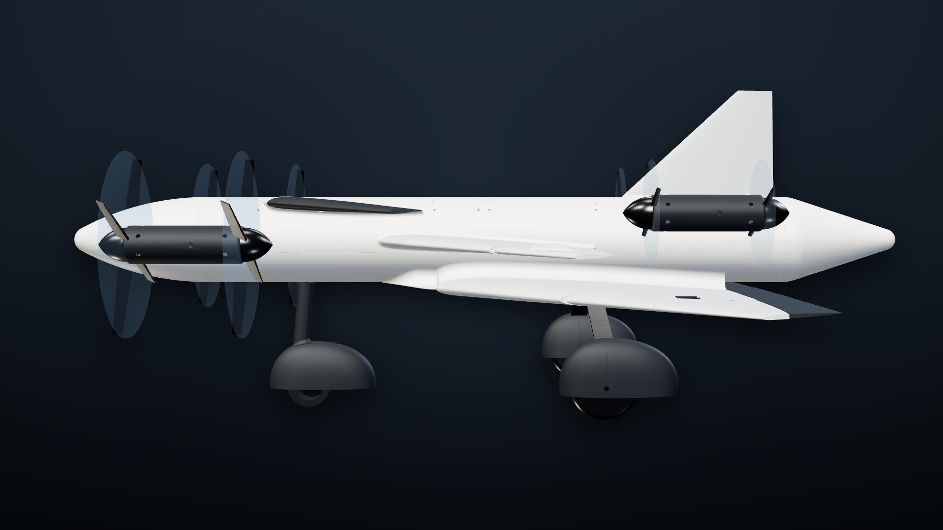 Drako in profile, landing configuration: the pods tilted, the flap down, the wheels down