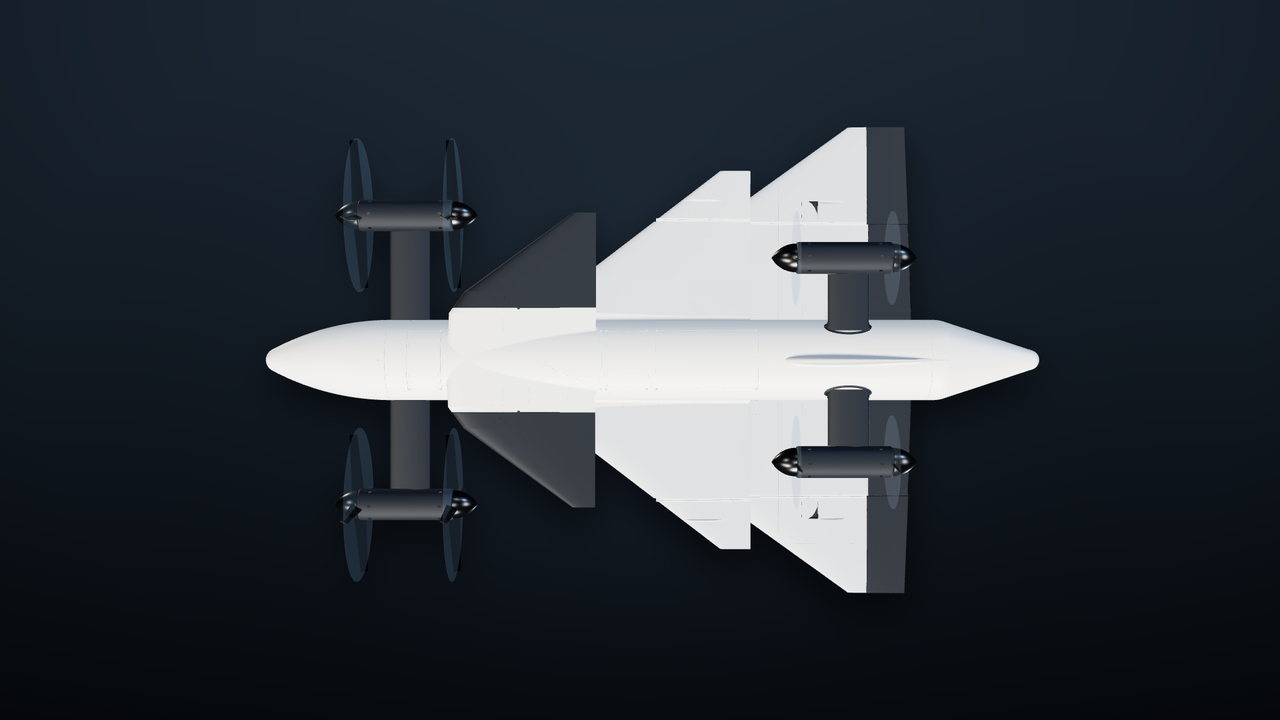 Drako in plan view from directly above: canards, delta wing, four pods